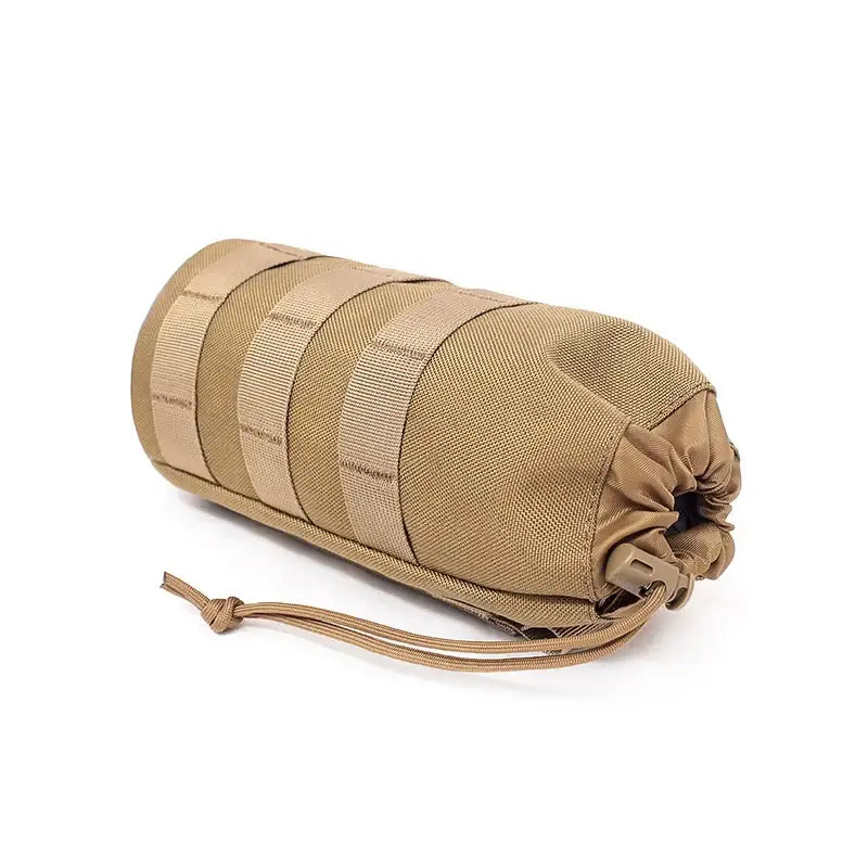 Tan tactical pouch with MOLLE straps and drawstring closure.