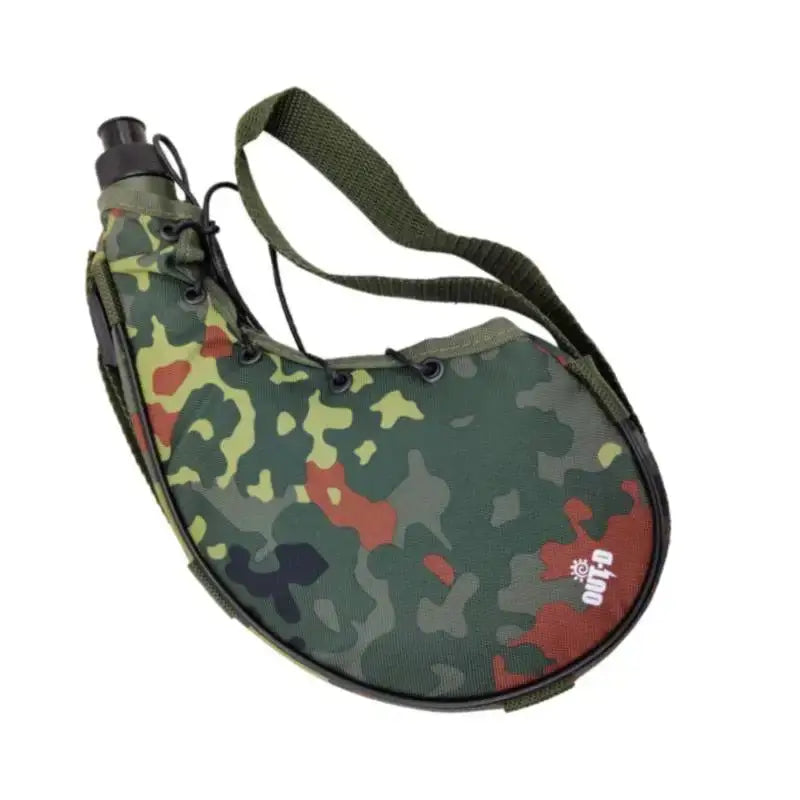 Camouflage-patterned bota bag with a shoulder strap.