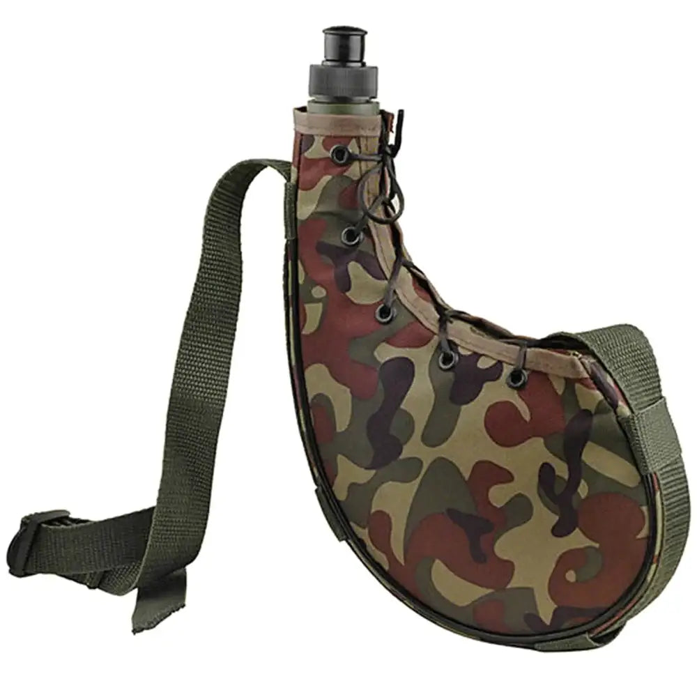 Camouflage-patterned canteen with a shoulder strap.