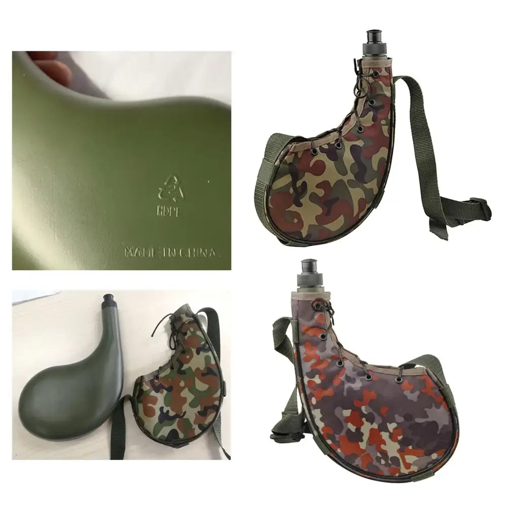 Camouflage-patterned canteen or water bottle with a strap.