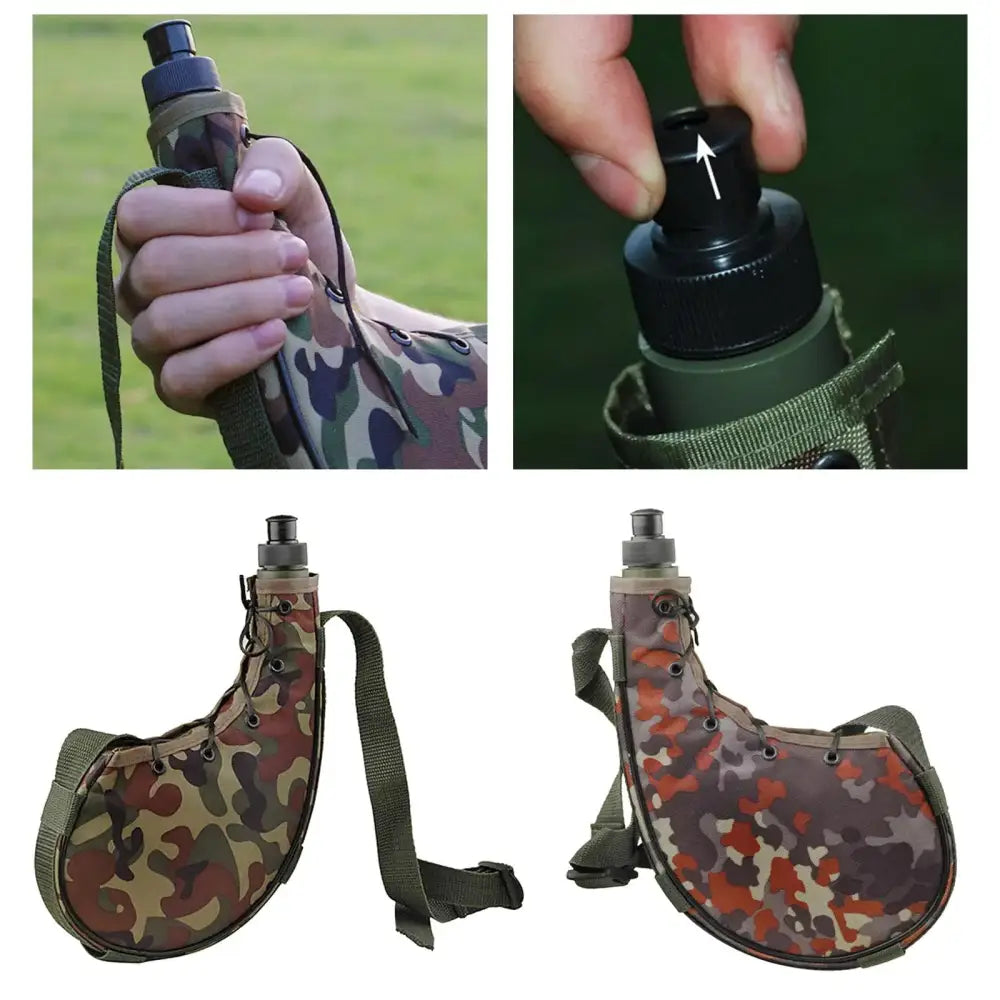 Camouflage-patterned canteen or water bottle with a strap and drinking spout.