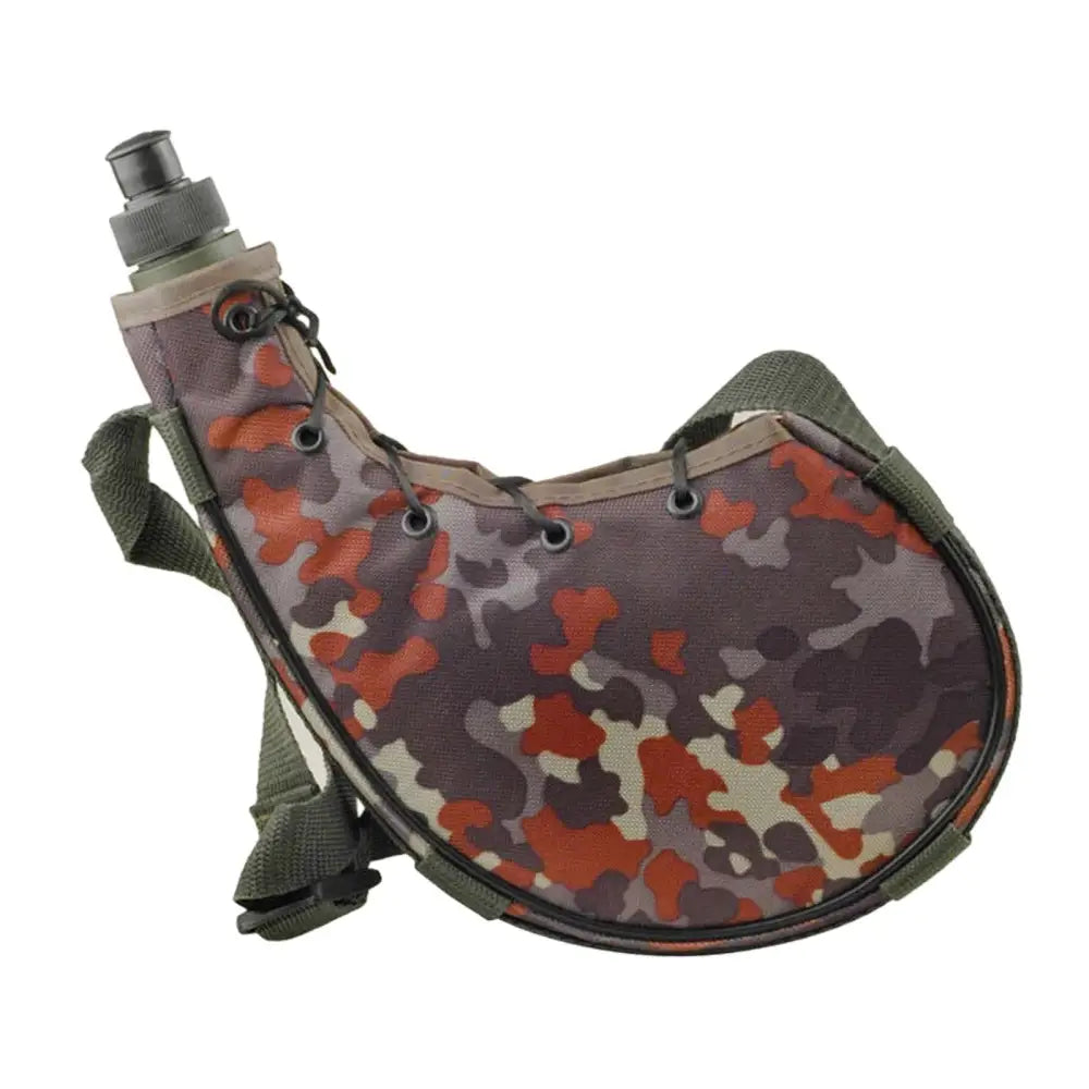 Camouflage-patterned canteen with a shoulder strap and spout.