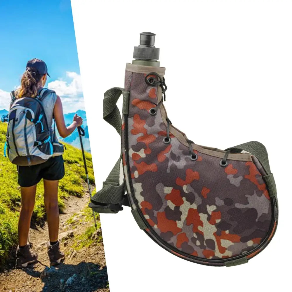 Camouflage-patterned canteen with a strap and spout.