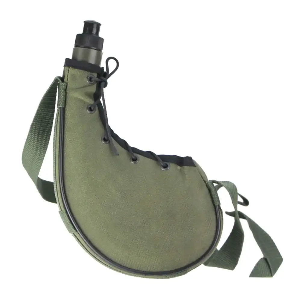 Military-style canteen with a green fabric cover and shoulder strap.