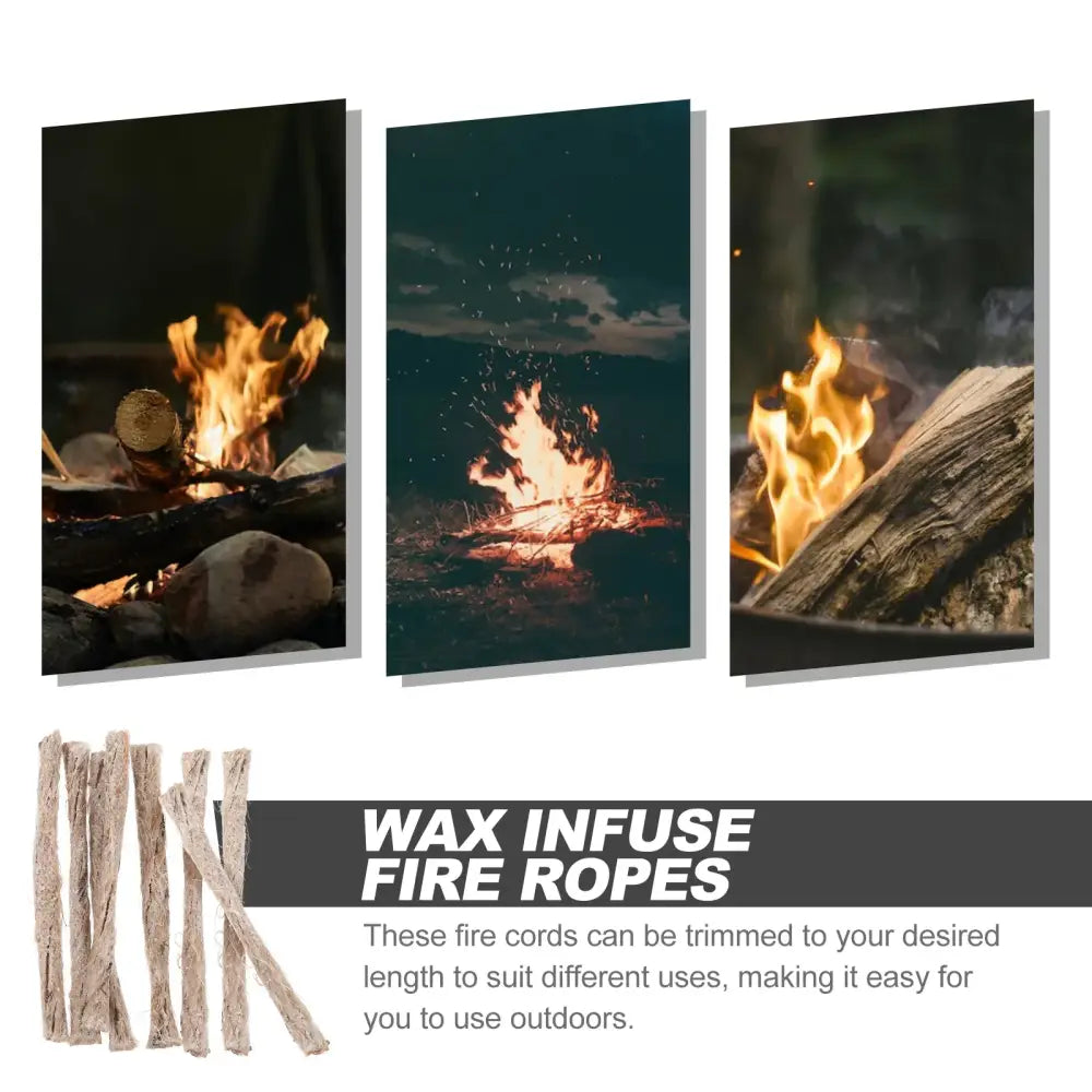 Wax-infused fire ropes displayed in three burning scenarios with product description.