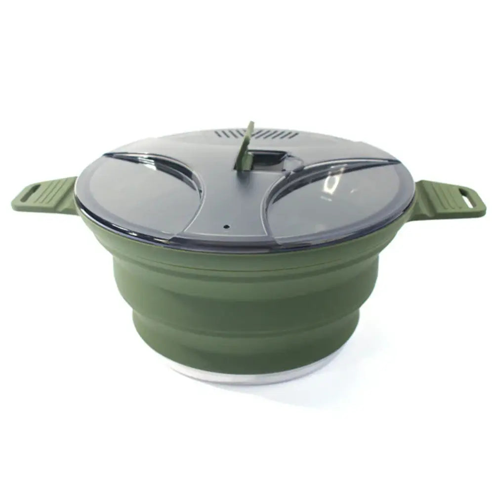 Collapsible green cooking pot with a gray lid and handles.