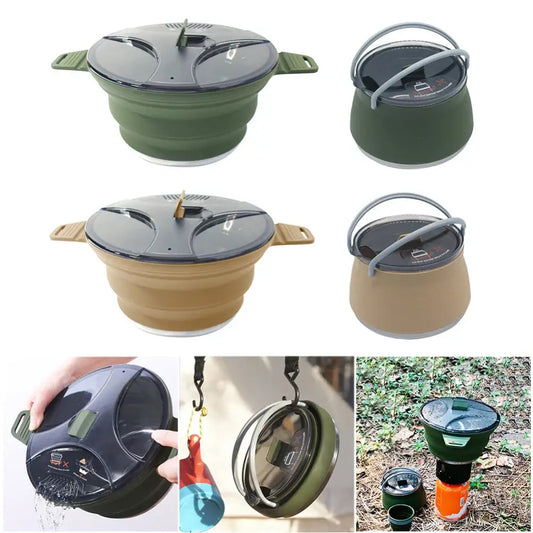 Collapsible camping cookware set with pots and kettles in green and beige colors.