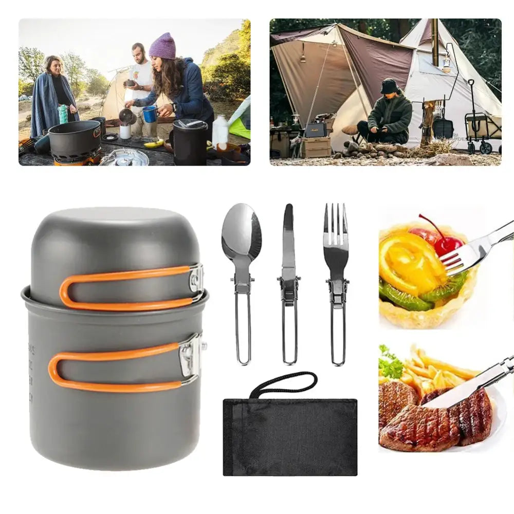 Compact camping cookware set with folding utensils and cooking pot.