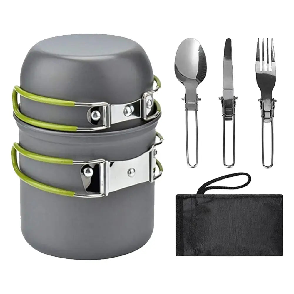 Compact camping cookware set with stacking pots, utensils, and storage pouch.