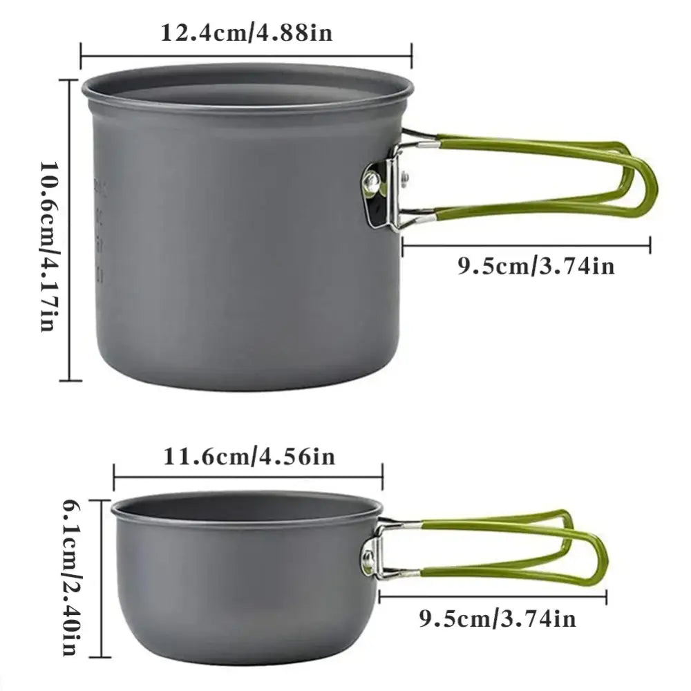 Camping cookware set featuring a pot and bowl with folding green handles.