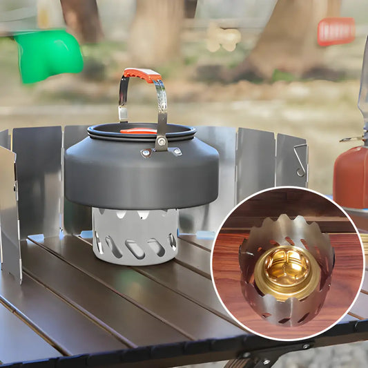 Camping kettle with a built-in alcohol burner stove.