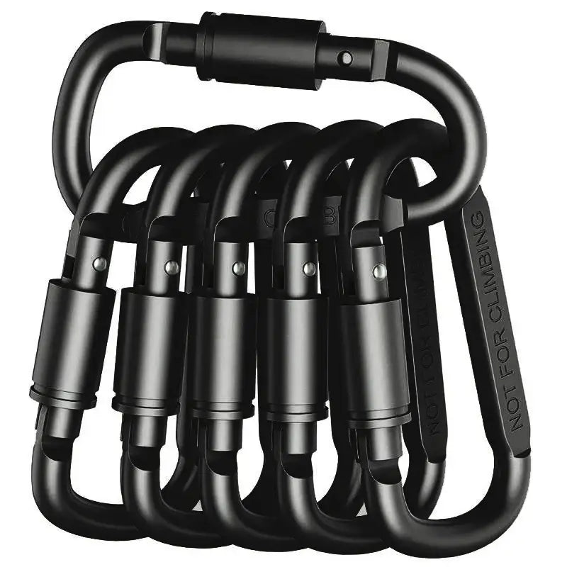 Set of black aluminum carabiners connected together.