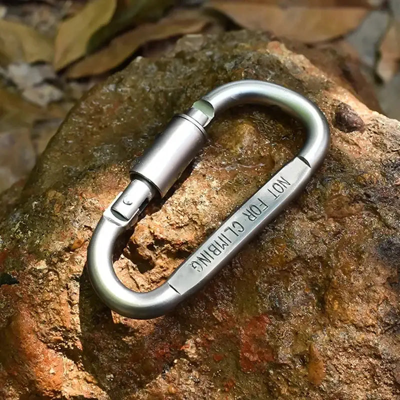 Metallic carabiner with ’NOT FOR CLIMBING’ engraved on its side.