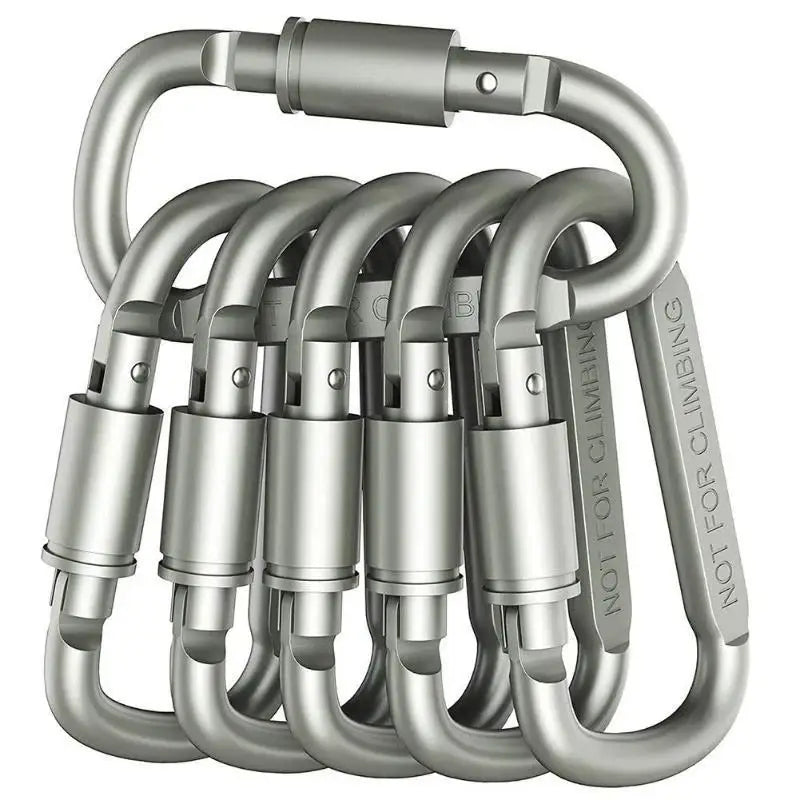 Set of silver carabiners connected together in a bundle.