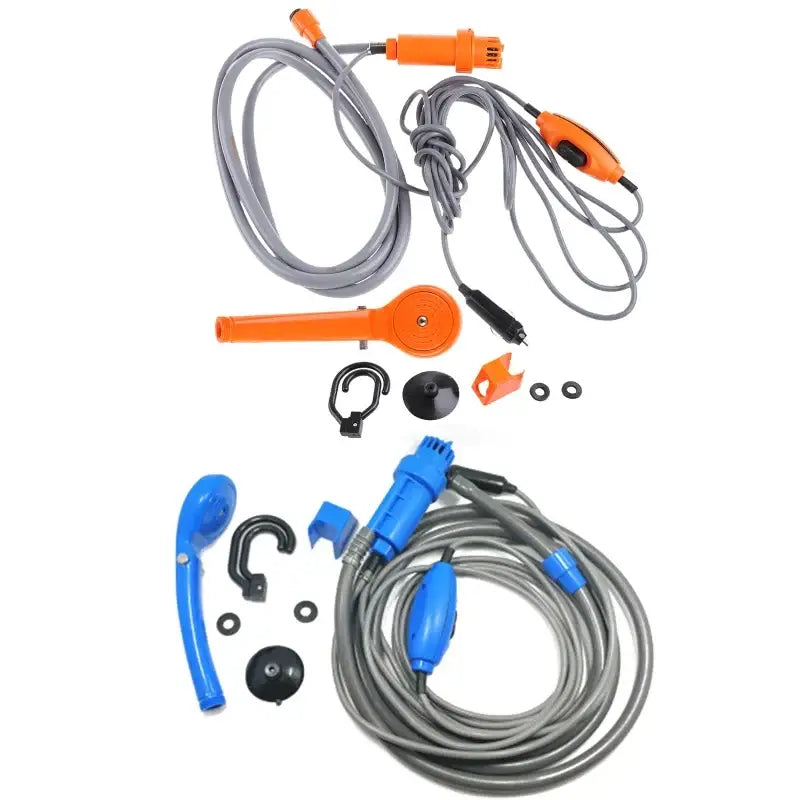 Portable camping shower kits with hoses and attachments in orange and blue colors.