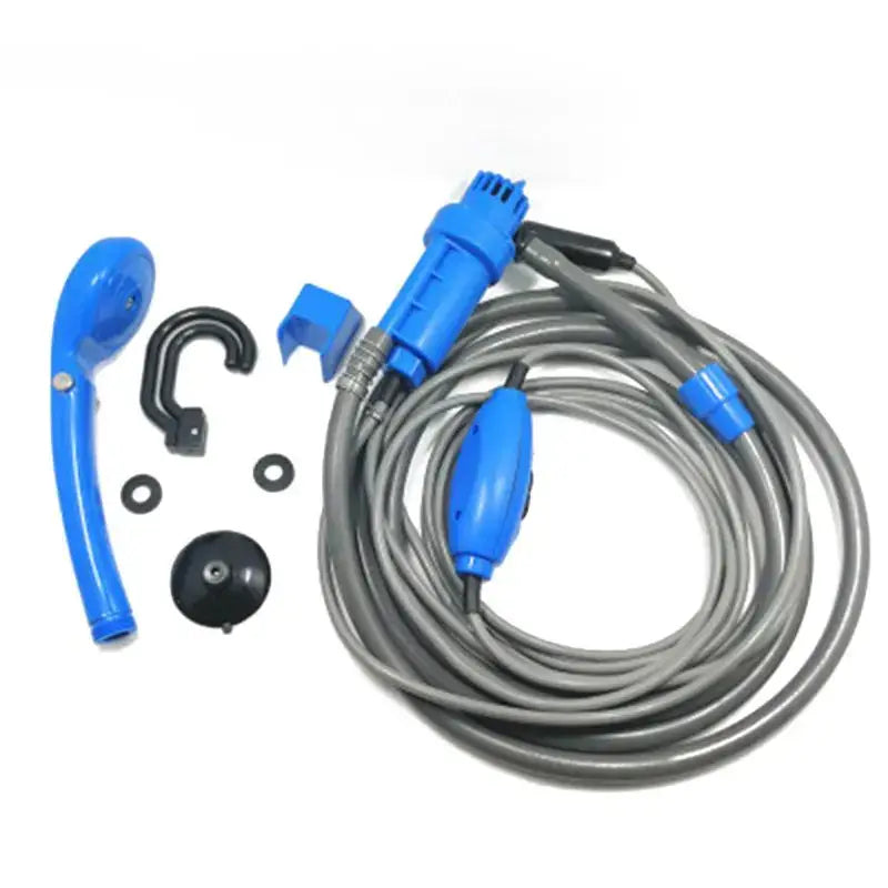 Portable camping shower with blue components and a long gray hose.