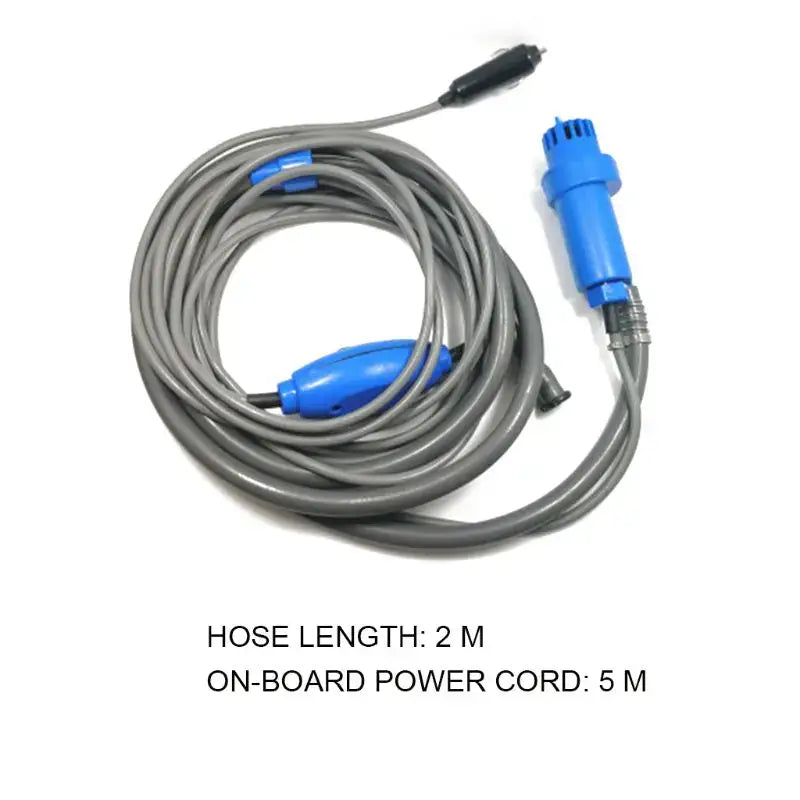 Gray cable with blue connectors at both ends, labeled with hose and power cord lengths.