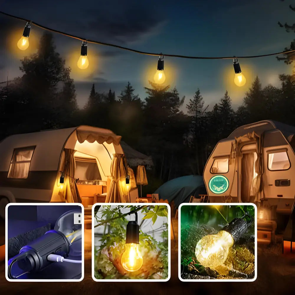 String of outdoor patio lights illuminating a cozy camping scene with two retro-style camper trailers.