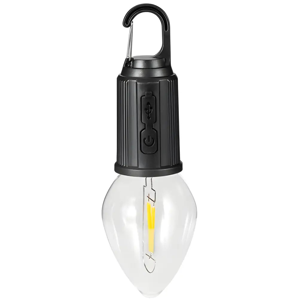 Portable LED camping light with a carabiner hook attachment.