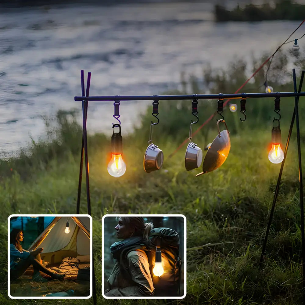 Portable camping light bar with hanging bulbs and beverage holders.