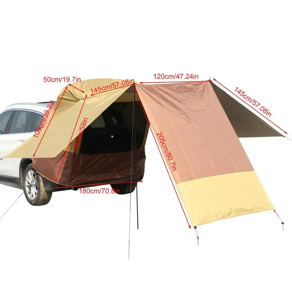 Car-attached tent or awning with dimensions labeled.