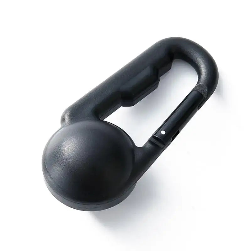 Black carabiner with a spherical end attachment.