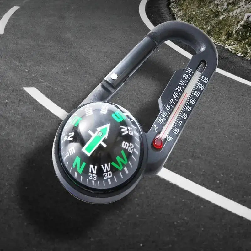 Carabiner-style compass with an attached thermometer.