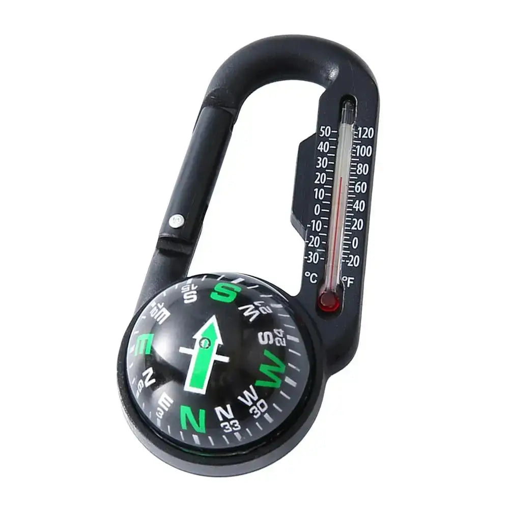 Carabiner-style clip with an attached compass and thermometer.