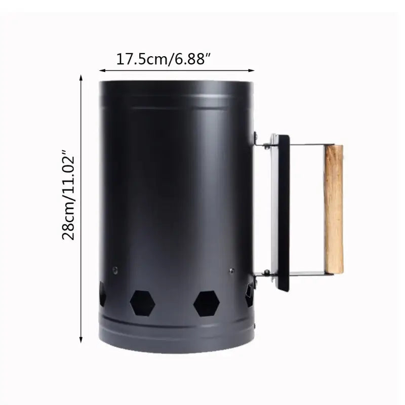 Charcoal chimney starter with wooden handle and ventilation holes.