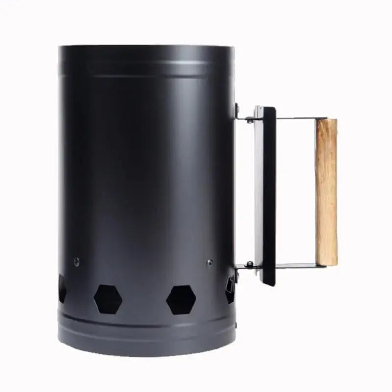 Charcoal chimney starter with a wooden handle.