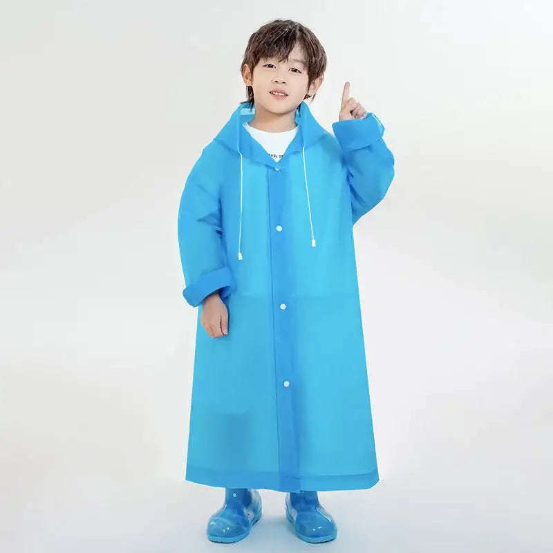 Bright blue raincoat worn by a child.