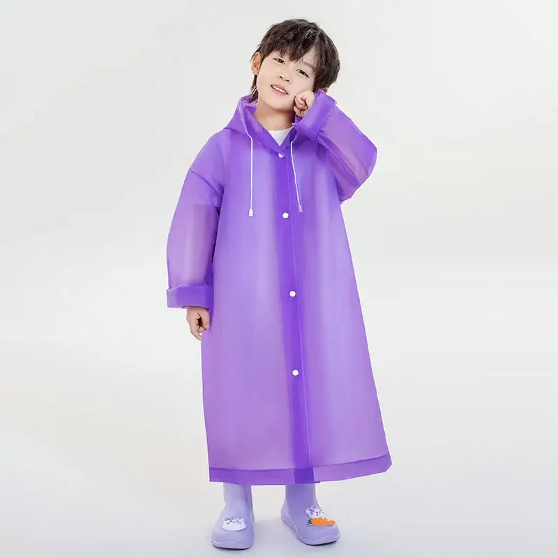 Bright purple raincoat with snap buttons and a hood.