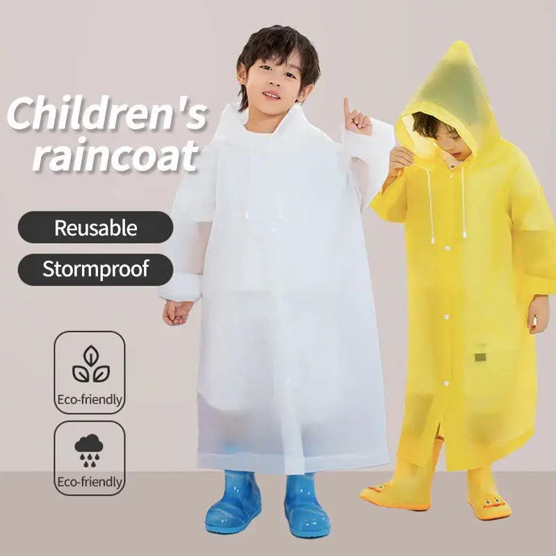 Children’s raincoats in white and yellow colors with eco-friendly features.