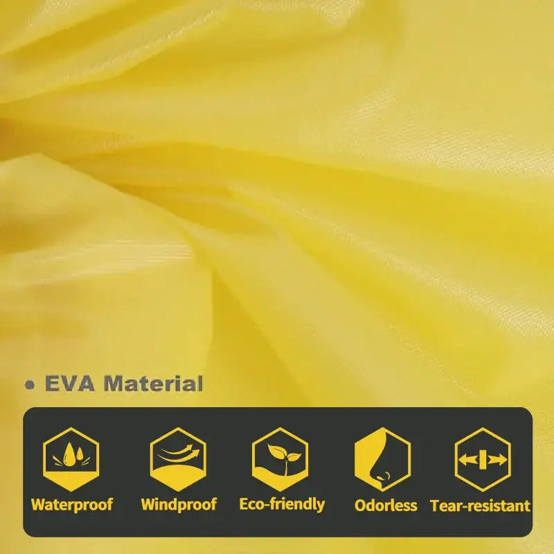 Yellow fabric or material labeled as EVA Material, with icons indicating its properties like waterproof and windproof.