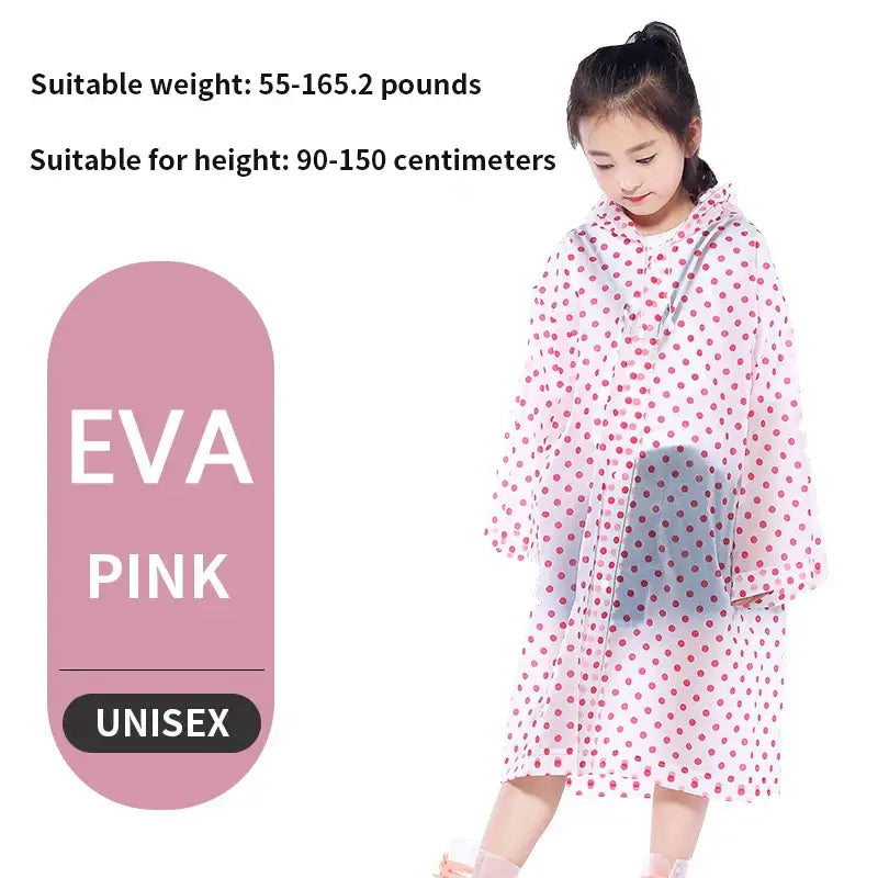 Polka dot raincoat for children with a hood and long sleeves.