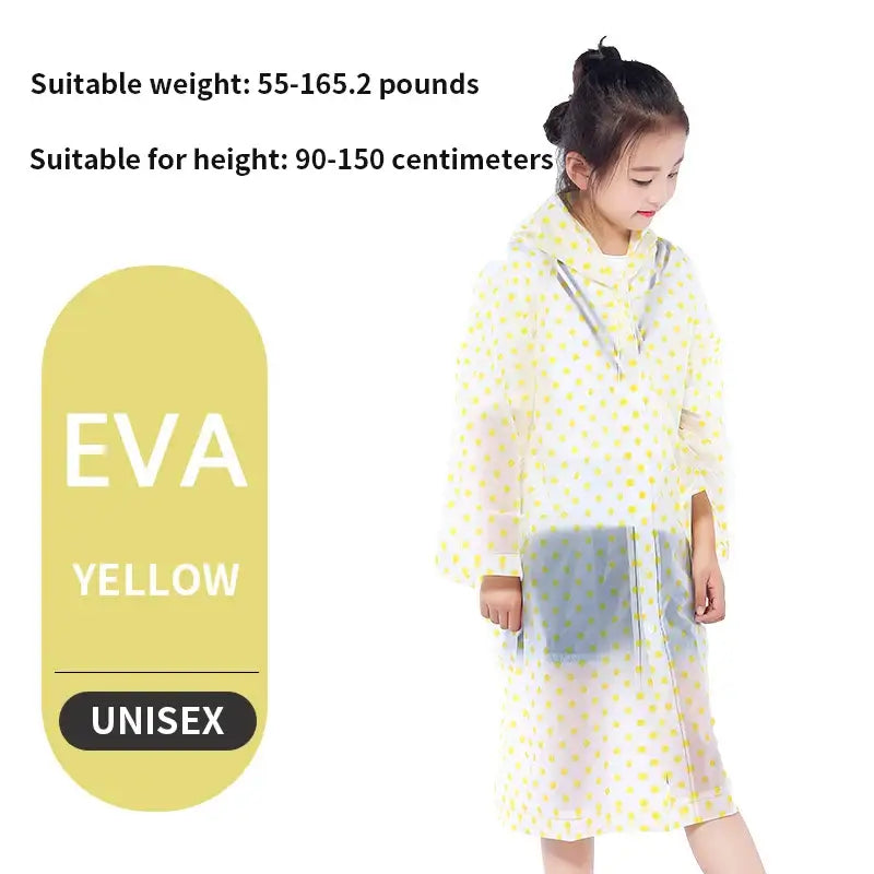 Yellow polka dot raincoat for children with a hood and transparent sections.