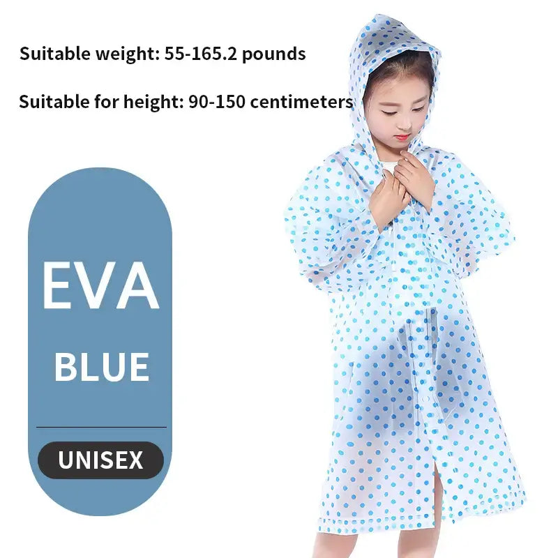 Polka dot raincoat with a hood for children, labeled as ’EVA BLUE’ and ’UNISEX’.