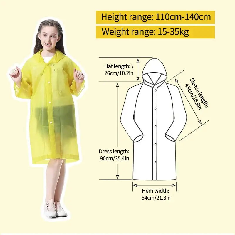 Yellow transparent raincoat for children with measurements and size specifications.