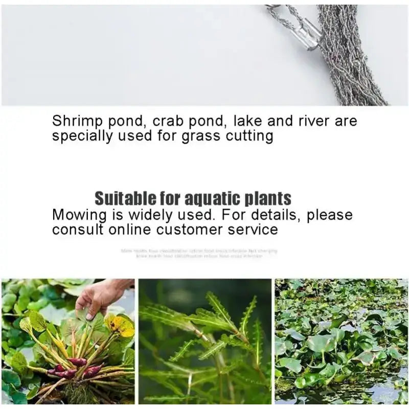 Advertisement for aquatic plant mowing equipment or services, featuring text and images of various water plants.