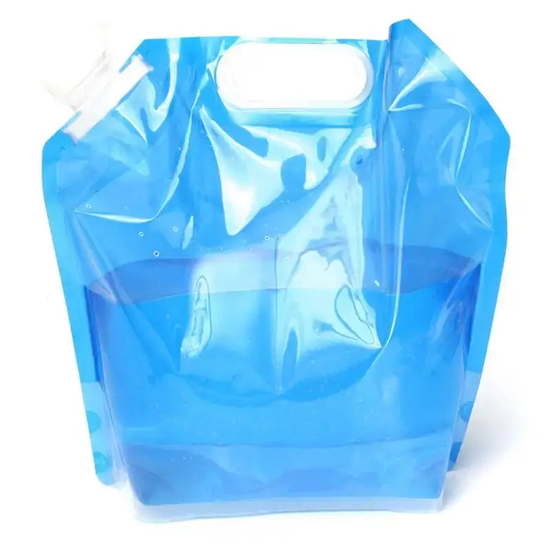 Flexible plastic container filled with blue liquid.