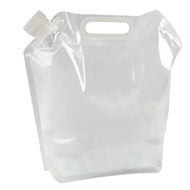 Transparent plastic water container with a handle and spout.