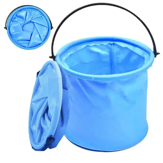 Collapsible blue bucket with a handle and removable lid.