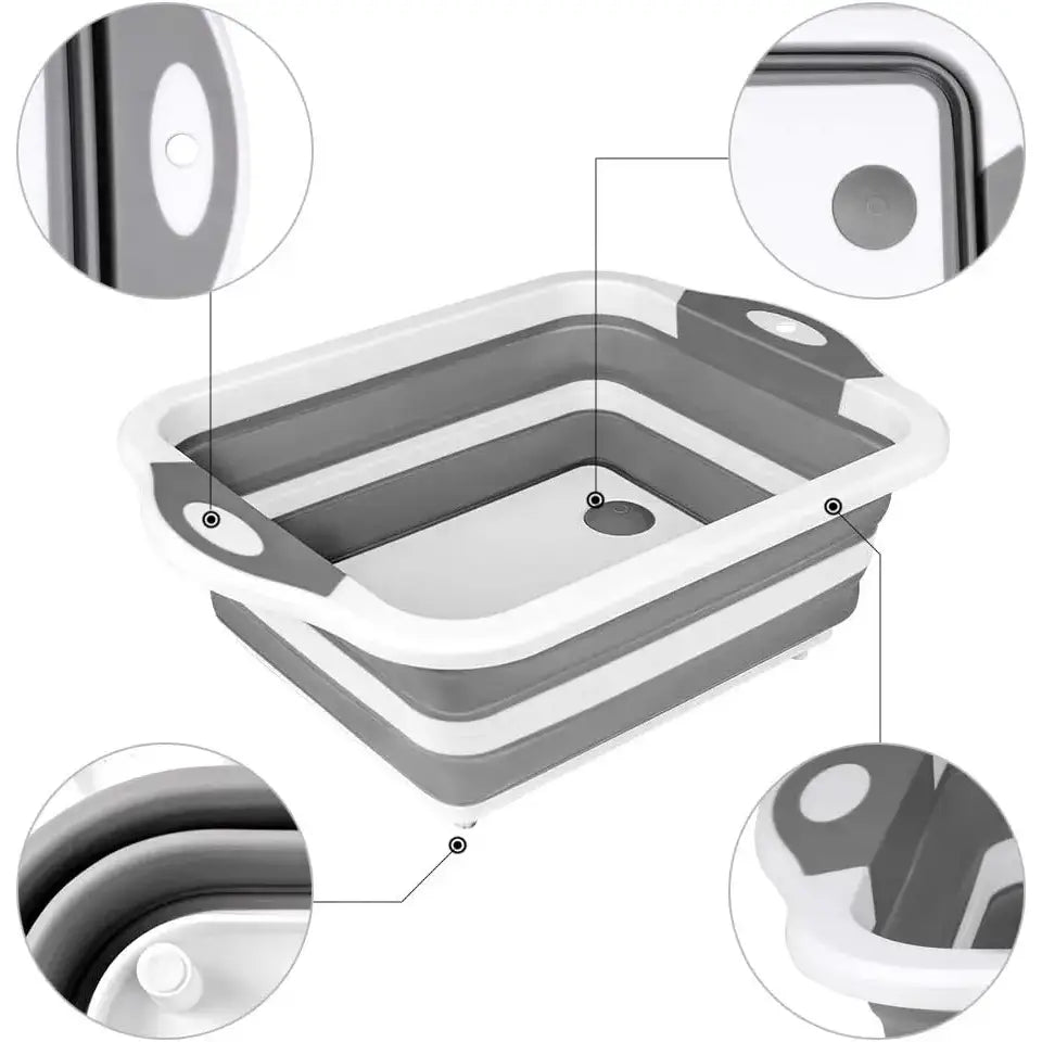 Collapsible dish tub or washing basin with handles and detailed corner views.