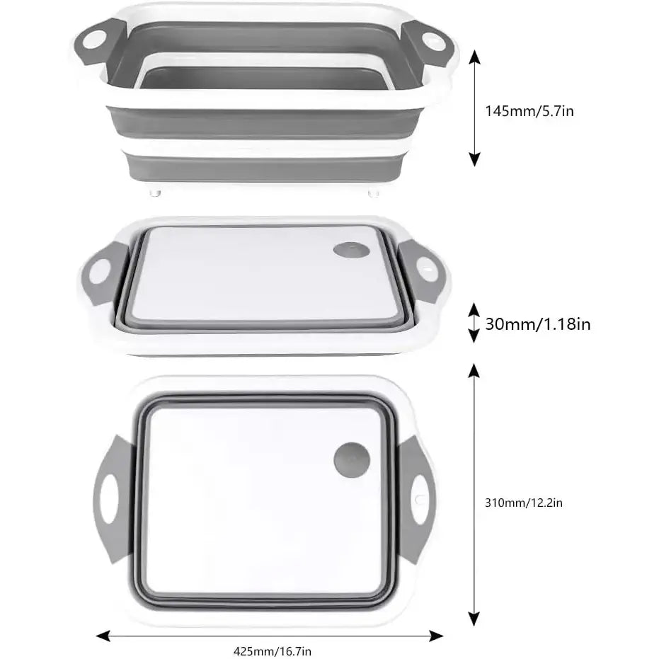 Collapsible dish tub or basin with measurements shown in different states of expansion.