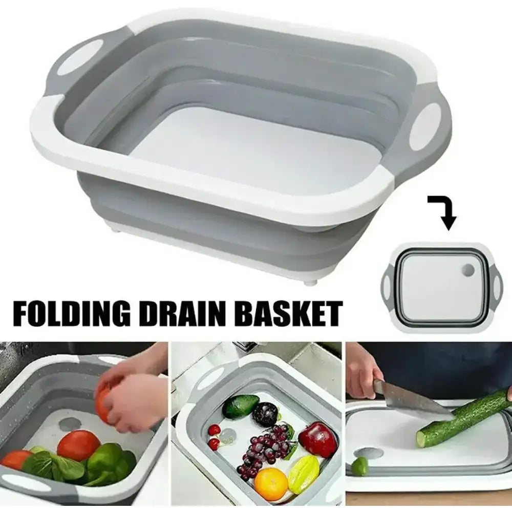 Collapsible plastic basin with a built-in cutting board and drainage holes.