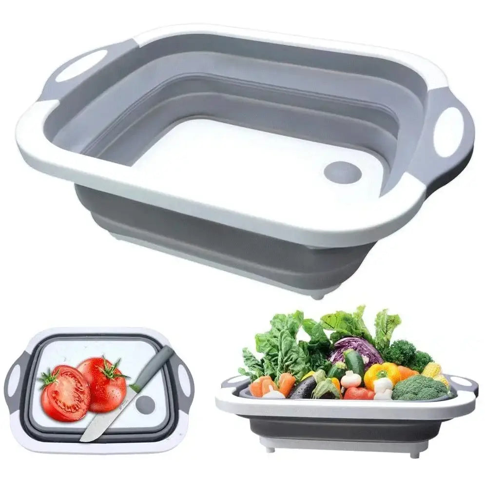 Collapsible silicone dish tub with built-in cutting board and drain.