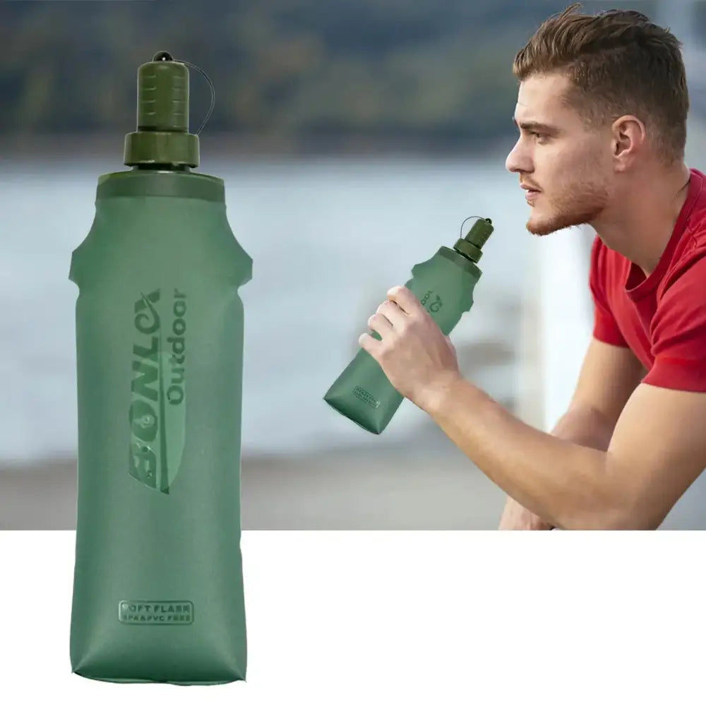 Collapsible green plastic water bottle with a sports cap.