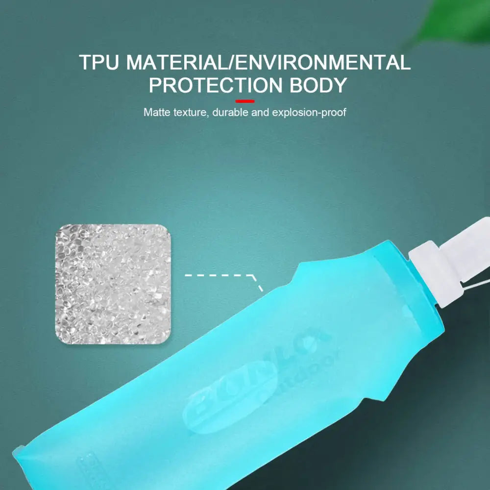 Turquoise water bottle with a white strap attached.