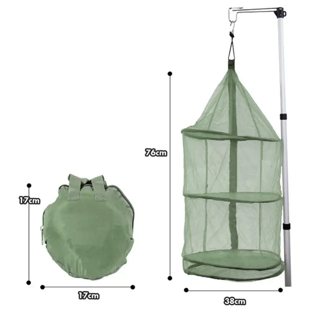 Collapsible hanging mesh storage container with multiple tiers.