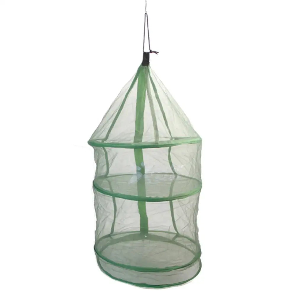 Cylindrical mesh hanging basket with green trim and a pointed top.